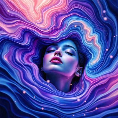 The primary subject of the image is a woman with her eyes closed, lying down in a blue and purple swirling background. The setting appears to be a surreal, artistic environment, possibly a digital art or illustration. The visual style suggests a creative and imaginative atmosphere. The dominant colors in the image are blue and purple, which contribute to the overall mood of the scene.